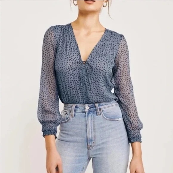Abercrombie & Fitch Blue Leopard Print Sheer Long Sleeve Bodysuit - Picture 1 of 7